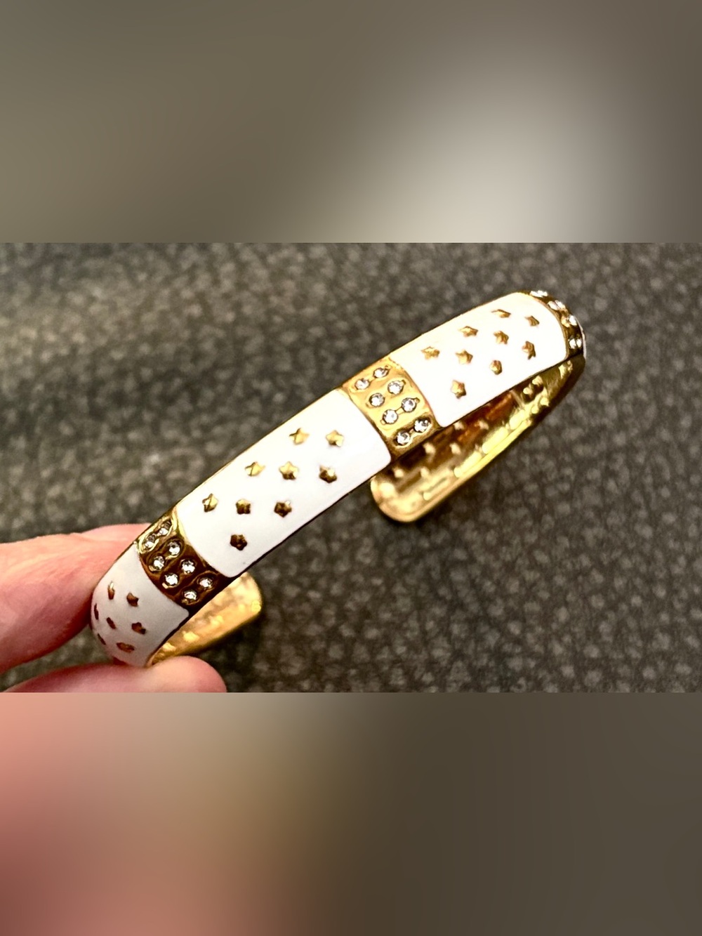 Cuff Bracelet White Enamel with Gold Star Ascents & Clear Crystal Rhinestones